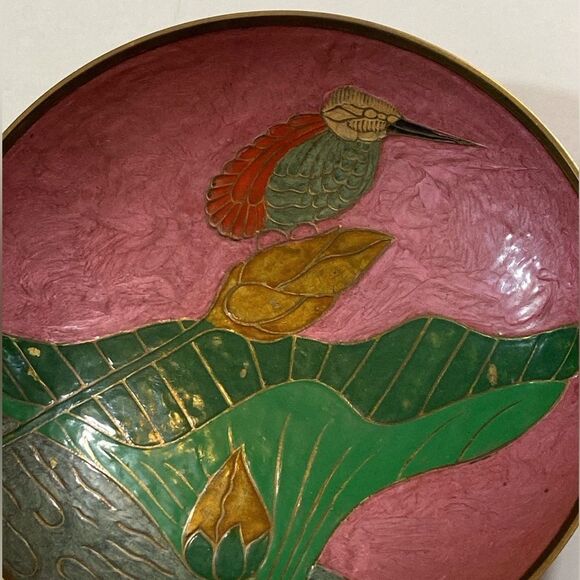 VTG,Cloisonne Brass Metal Enamel Hand Painted Hummingbird Flower Covered Bowl - Picture 15 of 15
